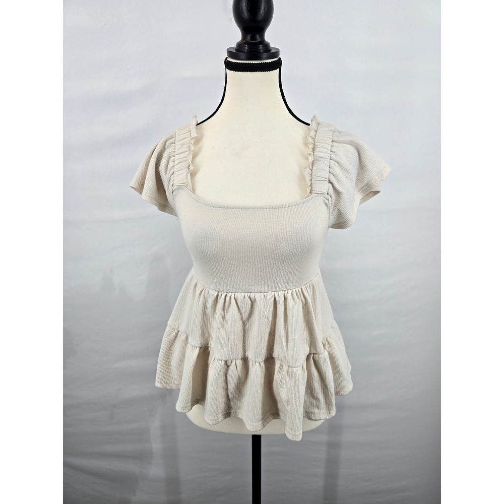 Altar'd State Cream Textured Peplum Top Ruffle Cap Sleeveβ Square Neck Small